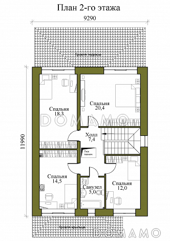 Проект двухэтажного кирпичного дома с крытой террасой и четырьмя спальнями на втором этаже / План 2 этажа