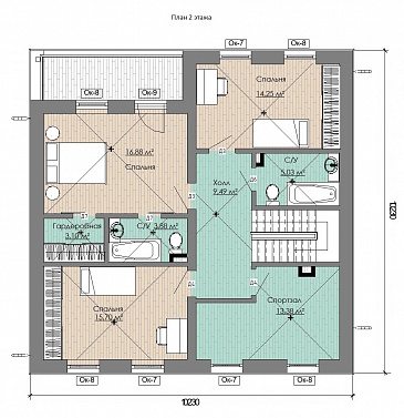 Проект коттеджа с совмещенной кухней-гостиной, спортзалом на мансардном этаже, балконом и окнами в пол / План мансардного этажа