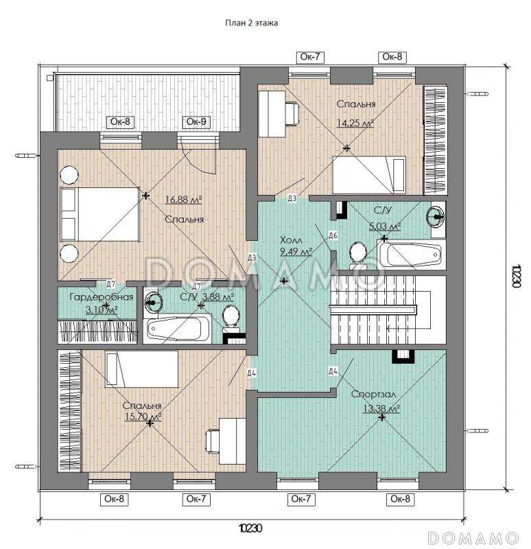 Проект коттеджа с совмещенной кухней-гостиной, спортзалом на мансардном этаже, балконом и окнами в пол / План мансардного этажа