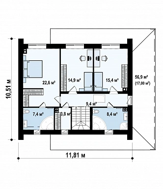 Проект современного двухэтажного дома из газобетона с дополнительной спальней на первом этаже, гаражом и открытой террасой на втором этаже / План 2 этажа