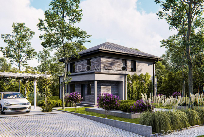 Проект хорошо зонированого двухэтажного дома с кабинетом, мастер-спальней, кладовой