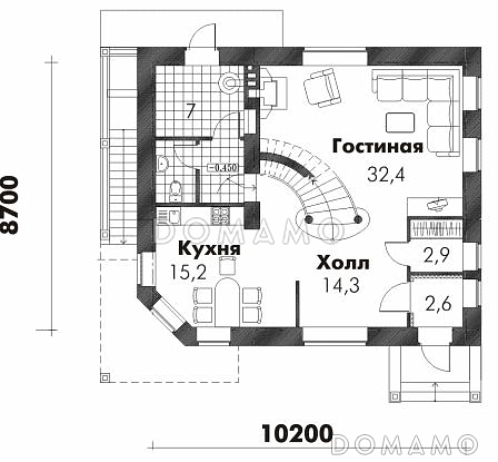 Проект трехэтажного дома из пеноблоков с просторной гостиной, балконом и кабинетом на третьем этаже / План 1 этажа