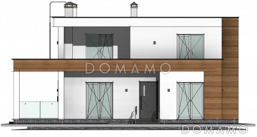 Проект двухэтажного дома с плоской крышей, изолированной кухней-столовой, гостиной с выходом на террасу, гостевой комнатой / Фасад 1