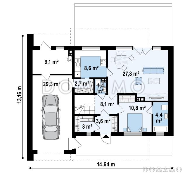 Проект современного двухэтажного дома из газобетона сложной формы с четырьмя спальнями и гаражом / План 1 этажа