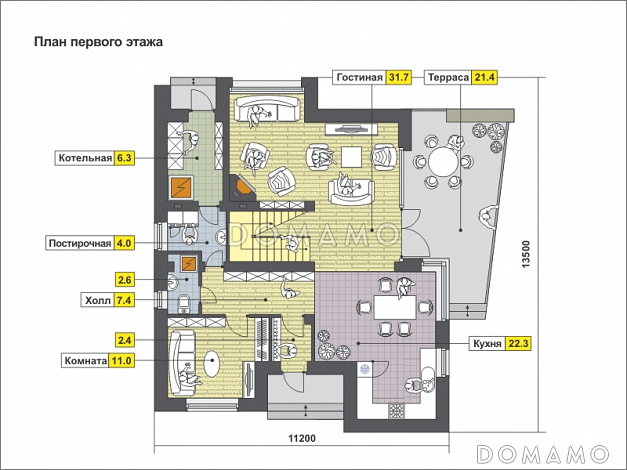 Проект дома с односкатной крышей, панорамными окнами, кухней с выступом для рабочей зоны, просторной гостиной, двумя балконами / План 1 этажа