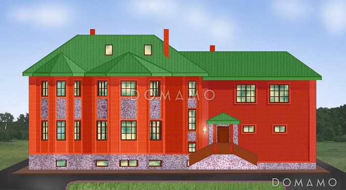 Проект двухэтажного дома с бассейном на цокольном этаже, гаражом и двумя эркерами