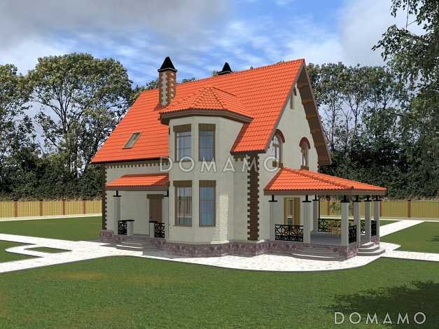 Дом с островерхой кровлей и двухэтажным эркером