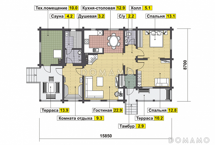 Проект одноэтажного дома с двумя спальнями, комнатой отдыха, гостиной с камином, сауной / План 1 этажа