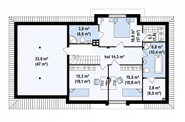 Проект просторного одноэтажного дома из газобетона со свободной зоной на мансардном этаже и со встроенным гаражом / План мансардного этажа