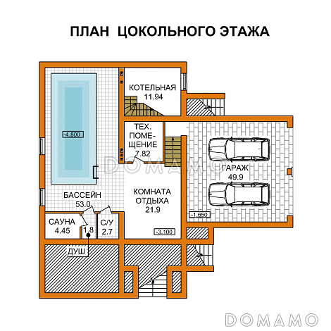 Проект дома из пеноблоков с гаражом и бассейном расположенные на цокольном этаже / План цокольного этажа