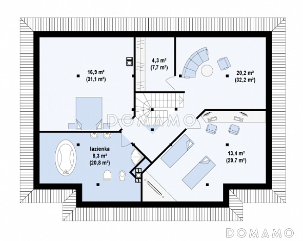 Проект классического мансардного дома из газобетона с необычной планировкой второго этажа / План мансардного этажа