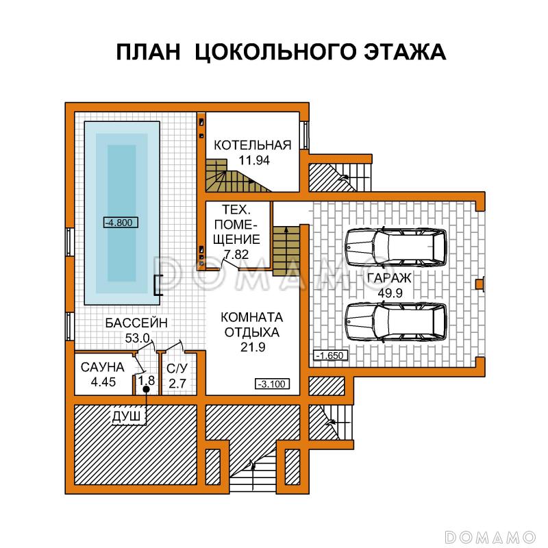 Проект дома из пеноблоков с гаражом и бассейном расположенные на цокольном этаже / План цокольного этажа