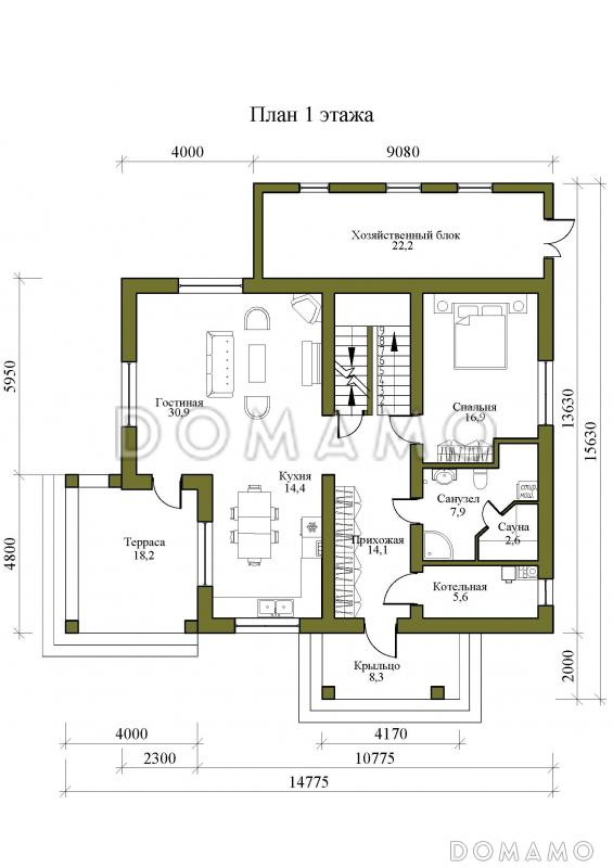 Проект двухэтажного дома с погребом, сауной, террасой и балконом / План 1 этажа
