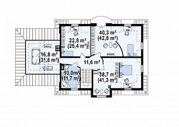 Проект большого одноэтажного мансардного дома из кирпича с просторной гостиной, гаражом и бильярдной / План мансардного этажа