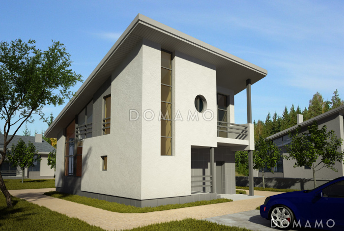 Загородный дом из СИП панелей с односкатной крышей, круглым окном, крытой террасой и вторым светом