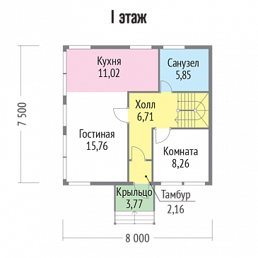 Проект двухэтажного дома из клееного бруса с окнами в пол / План 1 этажа