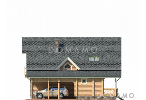 Проект деревянного дома с небольшой парной, просторной террасой и навесом для машины / Фасад 2