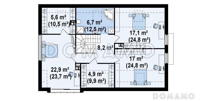 Проект современного мансардного дома из газобетона с четырьмя комнатами, эркером и одноместным гаражом / План мансардного этажа