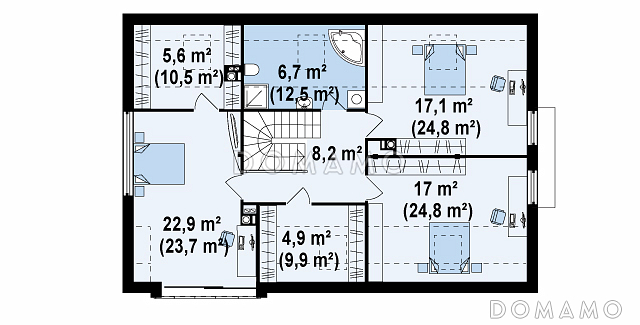 Проект современного мансардного дома из газобетона с четырьмя комнатами, эркером и одноместным гаражом / План мансардного этажа