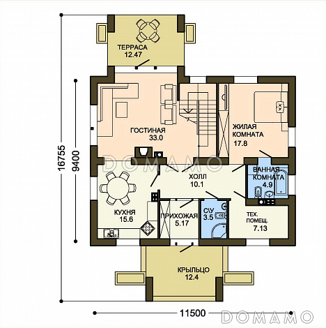 Проект двухэтажного коттеджа с панорамным остеклением на террасу и со вставками красного кирпича / План 1 этажа