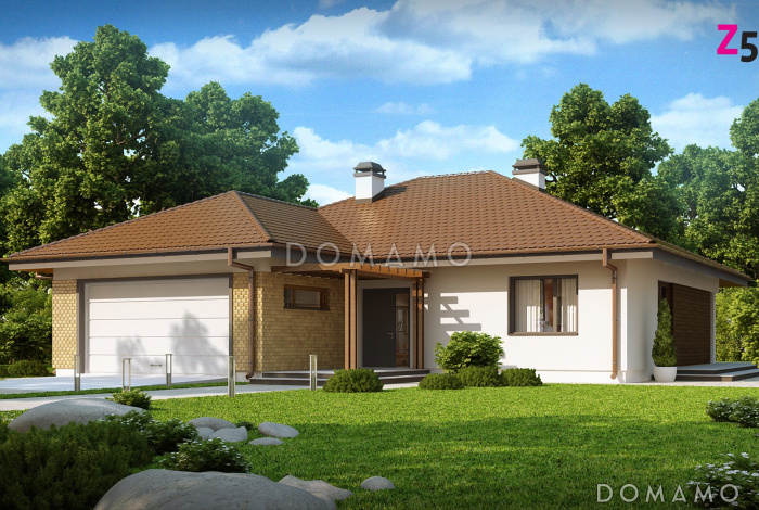 Проект одноэтажного дома из газобетона с большим гаражом и техническим помещением и частично крытой угловой террасой