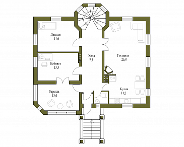 Проект двухэтажного коттеджа с остеклённой верандой / План 1 этажа