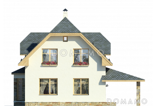 Проект дома из пеноблоков с мансардой и навесом для автомобиля / Фасад 3