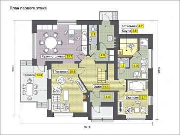 Загородный дом с кухней-столовой, сауной, спальней на первом этаже, террасой / План 1 этажа
