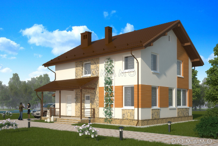 Проект практичного двухэтажного дома с большой гардеробной и навесом для автомобиля 