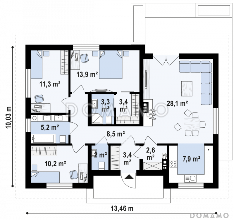 Проект небольшого уютного одноэтажного дома из кирпича с тремя спальнями / План 1 этажа