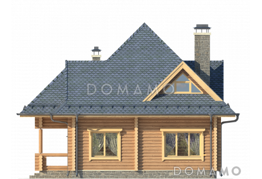 Проект одноэтажного дома из оцилиндрованного бревна с мансардой с просторной гостиной / Фасад 3