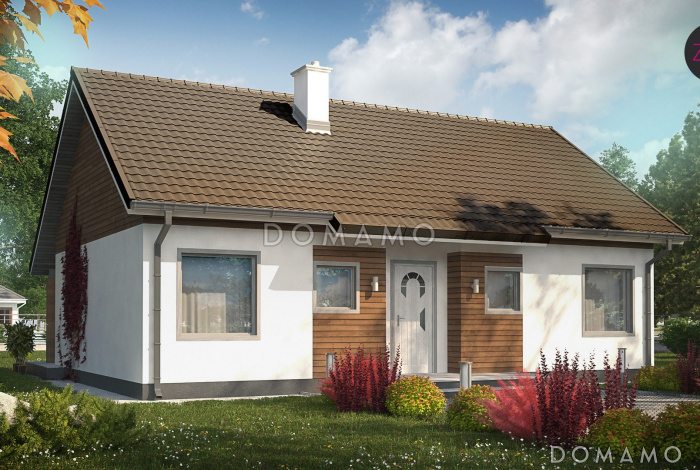 Проект компактного одноэтажного дома из кирпича с острой крышей, с тремя спальнями и небольшой крытой террасой