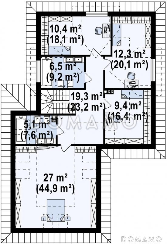 Проект комфортабельного дома с гаражом, постирочной, слуховыми и мансардными окнами в мансарде / План мансардного этажа