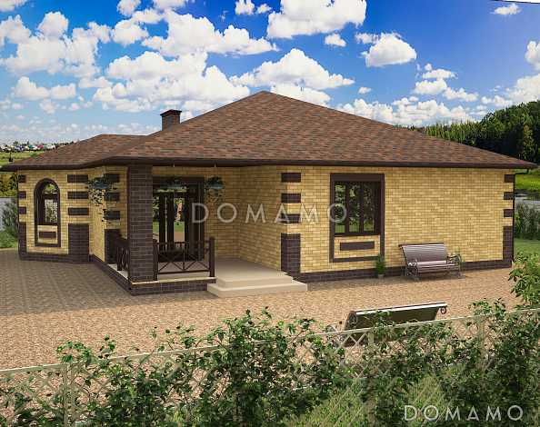 Проект одноэтажного дома с эркером в кухне, гардеробной комнатой, террасой 