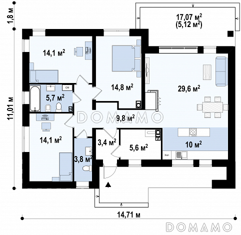 Проект стильного одноэтажного дома с плоской крышей, террасой,  тремя спальнями / План 1 этажа