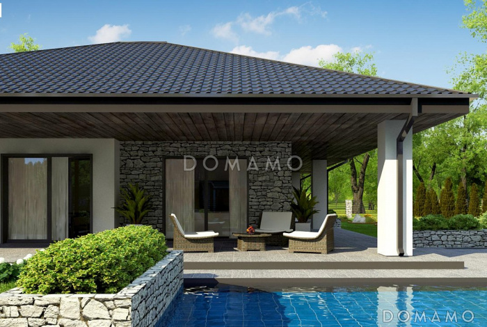 Проект одноэтажного дома из кирпича с просторной гостиной, тремя спальнями и гаражом