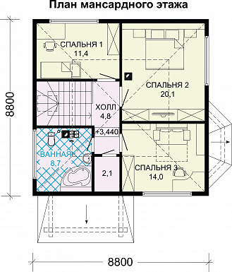 Проект дома из бруса с тремя спальными комнатами на мансардном этаже / План мансардного этажа