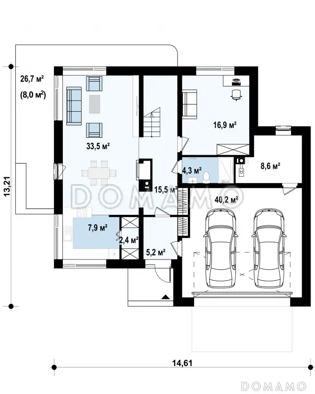 Проект двухэтажного дома с гаражом, мастер-спальней и гардеробными в спальнях / План 1 этажа