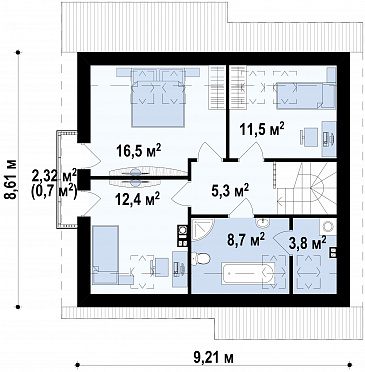 Проект мансардного дома из кирпича с кабинетом, тремя спальнями и балконом / План мансардного этажа