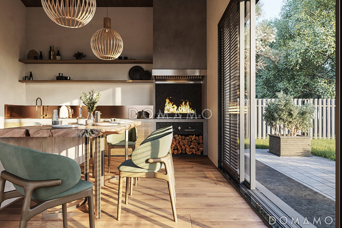 Проект одноэтажного дома из кирпича с крытой зоной для барбекю, навесом для двух машин, просторной дневной зоной и тремя спальнями