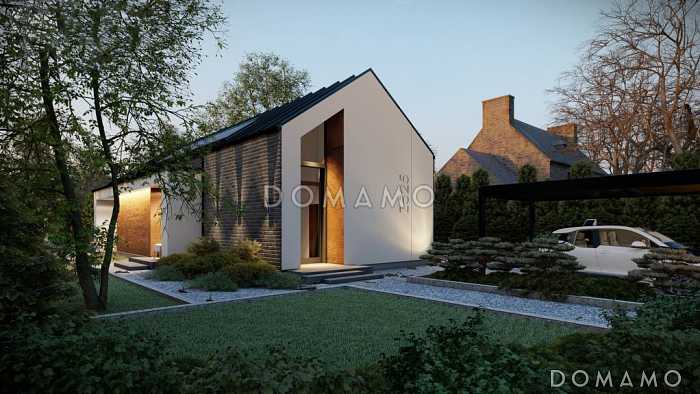 Проект загородного дома для узкого участка с террасами, двумя санузлами, объединенной кухней и гостиной