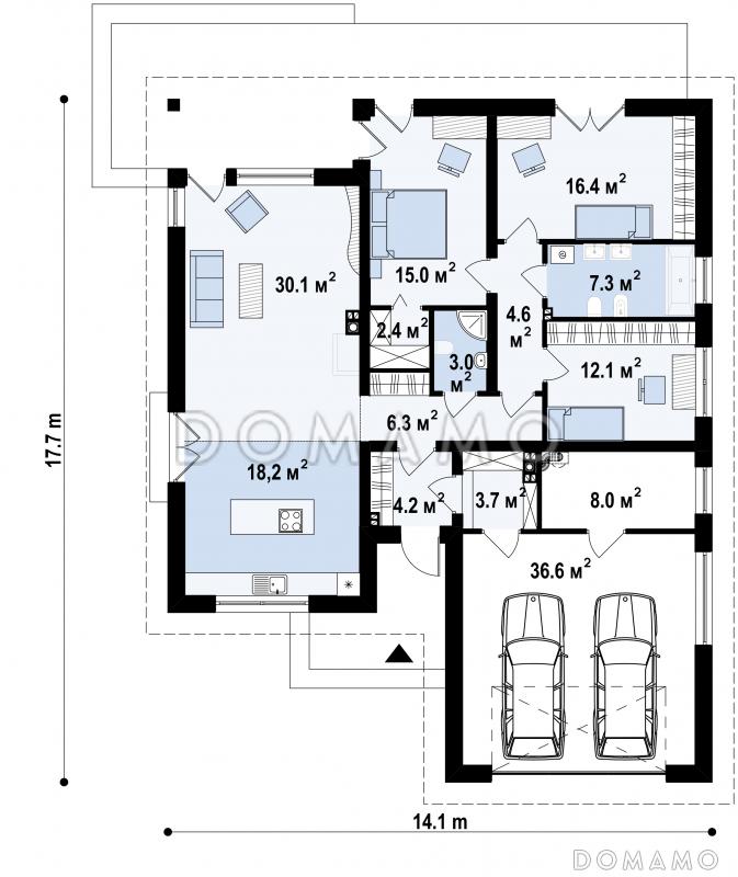Проект современного одноэтажного дома из газобетона с тремя спальнями и большим фронтальным гаражом, с изменённой крышей и крытой террасой / План 1 этажа