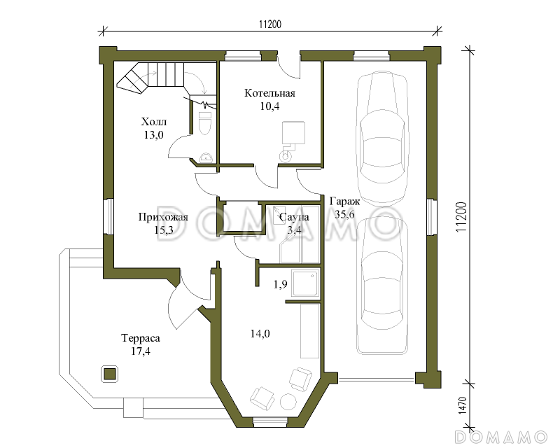 Проект квадратного коттеджа с башенкой / План 1 этажа