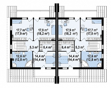 Проект мансардных домов-близнецов из газобетона с гаражом и слуховым окном / План мансардного этажа
