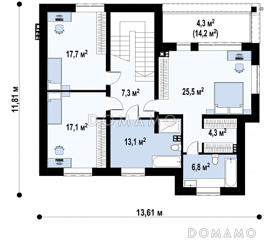 Проект двухэтажного дома с подвалом, гаражом, двумя спальнями на первом этаже, мастер-спальней на втором этаже / План 2 этажа