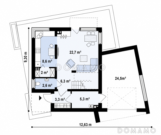 Проект двухэтажного дома из газобетона в стиле кубизм со спальной зоной на втором этаже и с гаражом / План 1 этажа