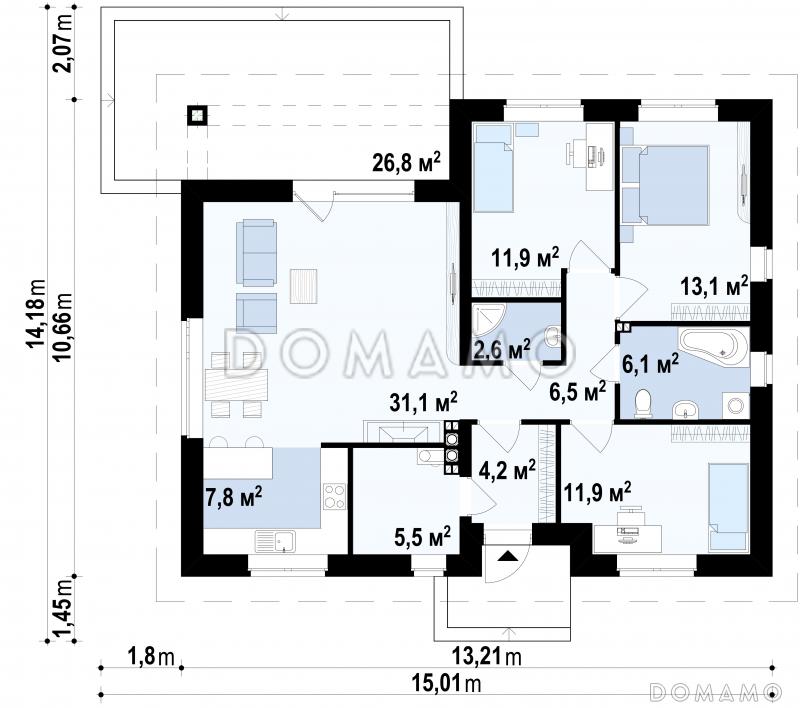 Проект одноэтажного дома из газобетона с тремя спальнями и небольшой крытой угловой террасой, увеличенная версия 273 / План 1 этажа