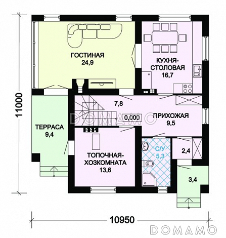 Проект дома из панелей SIP с необычной отделкой / План 1 этажа