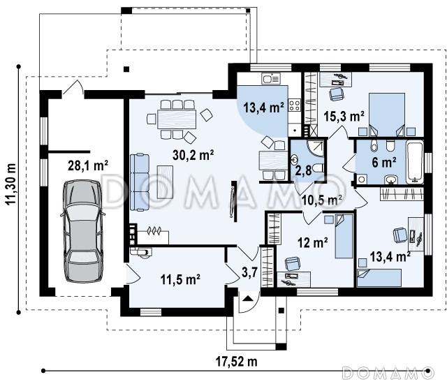 Проект одноэтажного дома из кирпича с большой гостиной, тремя спальнями и гаражом / План 1 этажа