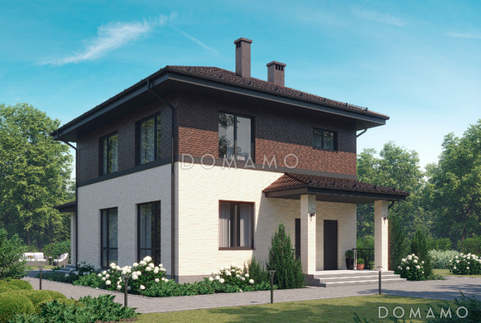 Проект дома из газобетона с крытой террасой, совмещенной кухней-столовой и гостиной, комнатой на первом этаже